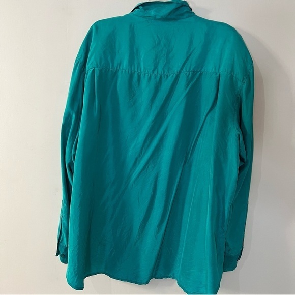 Vintage Silk Plus Size Blouse Teal Blue Button Top Career Business Office Jewel - Picture 7 of 11